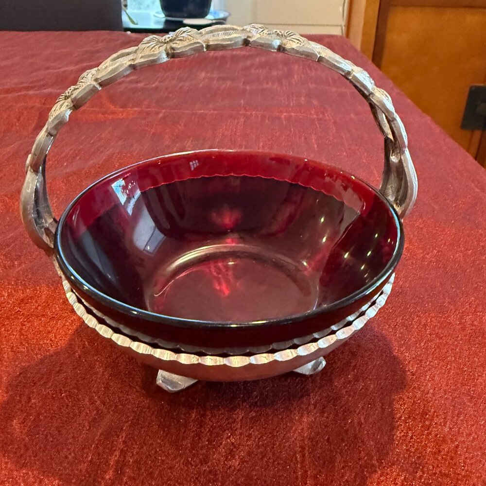 Vintage Rodney Kent Ruby Red Glass Candy Dish with Hammered Aluminum Basket
